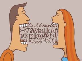 Cartoon illustration of couple talking a lot and sharing a meaningful conversation