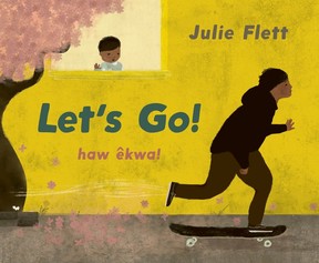 A children's book cover illustration shows a teen riding a skateboard as a younger child watches from a window.