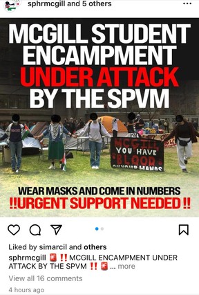 Social media post shows encampment with the words: Encampment under attack by the SPVM