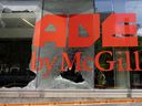 Vandals broke windows at McGill University's administration building and Macdonald Engineering Building overnight. The damage is seen on July 6, 2024.