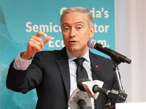 François-Philippe Champagne gestures while speaking at a microphone