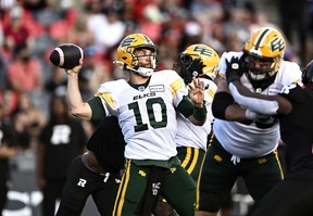 Edmonton Elks quarterback McLeod Bethel-Thompson throws the ball during first half CFL action against the Ottawa Redblacks in Ottawa on Friday. Justin Tang