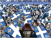 A cartoon of a sad anglo in a sea of Quebec flags with the caption "Survey: Quebecers are the happiest people in Canada!"