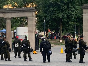 Police stand at university gates. A Palestinian flag can be seen on the other side of the gates.