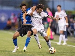 Two players fight for position during a soccer game
