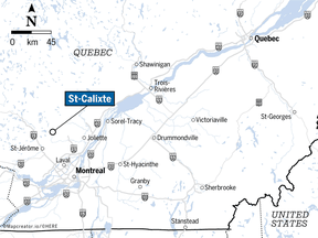 Map showing location of St-Calixte, northeast of St-Jérôme