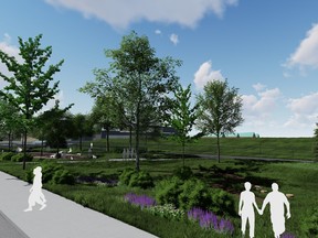 Silhouettes of people in and around a digitally-created park that's lower than the street next to it