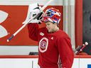 Goalie Jacob Fowler smiles during a water break at Canadiens development camp in Brossard this past July.