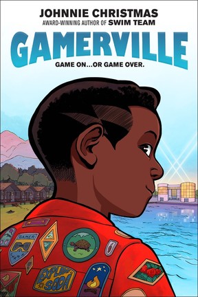 A children's book illustration shows a boy looking over his shoulder with a smirk. In the background is a camp on one side of him and a city on the other. Overhead is the title Gamerville.