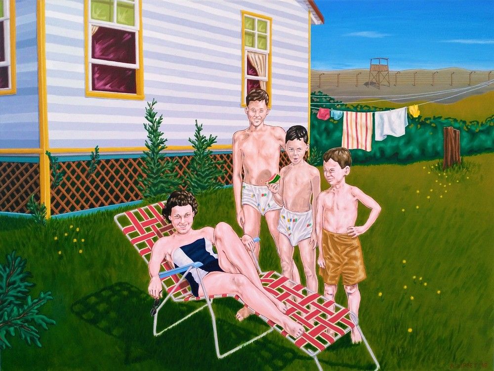 Painting of a woman on a lounge chair and three boys, all wearing swimming clothes. They are on the lawn in front of a cottage and in the background is a barbed-wire fence and watchtower.