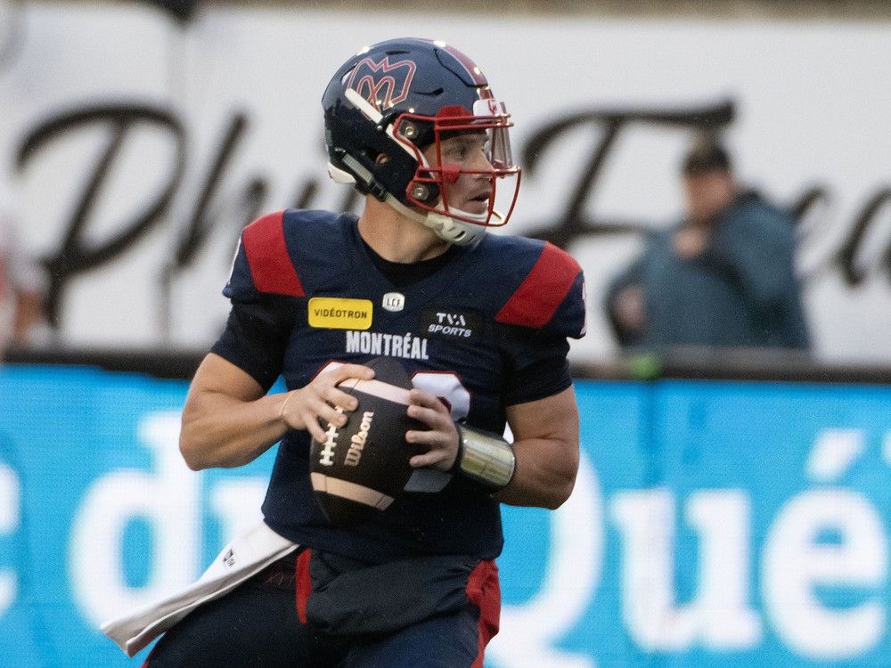 Montreal Alouettes quarterback Davis Alexander looks for an open receiver during first half CFL action against the Hamilton Tiger-Cats in Montreal on Saturday, Aug. 10, 2024.