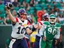 Montreal Alouettes quarterback Davis Alexander (10) throws against the Saskatchewan Roughriders in Regina, on Friday, August 16, 2024.