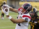 Alouettes receiver Austin Mack makes a catch during game against the Tiger-Cats last season.