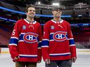 Canadiens forward Alex Newhook, left, and defenceman Jayden Struble were at the Bell Centre Monday afternoon for a media preview of an eight-episode series focusing on the team that will stream on Crave as of Sept. 18.