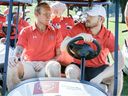 Canadiens' Patrik Laine, left, and fellow Finn Joel Armia share a golf cart during the team's annual golf tournament at Laval-sur-le-Lac on Monday.