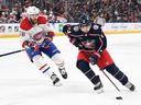 Johnny Gaudreau of the Columbus Blue Jackets controls the puck against David Savard of the Montreal Canadiens in November 2022 in Columbus, Ohio. Gaudreau and his brother, Matthew, were struck and killed while cycling on Thursday, August 29, 2024.