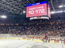 A the big screen displays an attendance of 10,172 during a PWHL hockey game between Minnesota and Montreal at Place Bell in Laval on Sunday, Feb. 18, 2024.