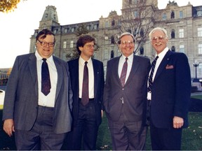 Newly elected Equality Party MNAs Neil Cameron, Robert Libman, Richard Holden and Gordon Atkinson pose at the National Assembly in Quebec City in 1989.