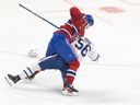 Montreal Canadiens' Arber Xhekaj starts a fight with Toronto Maple Leafs' Cédric Paré during an NHL pre-season game at the Bell Centre, Saturday, Sept. 28, 2024.