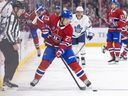 Canadiens Alex Barré-Boulet handles the puck against the Toronto Maple Leafs in Montreal on Oct. 9, 2024.