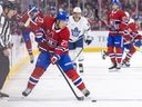 Canadiens Alex Barre-Boulet handles the puck during the first period of a game against the Toronto Maple Leafs on Oct. 9.