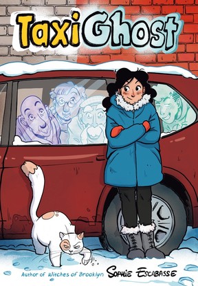 A book cover illustration shows a female character leaning against a car that contains four ghostly characters. There is a car pawing at snow outside the car.