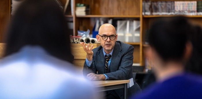  author christophe lebold talks with students about the life and work of leonard cohen at westmount high school, the late montrealer’s alma mater, on wednesday october 30, 2024.