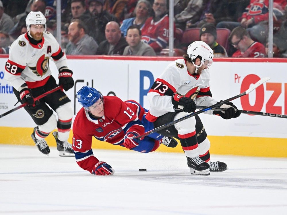 Canadiens' Cole Caufield (13) as he skates against Senators' Noah Gregor (73) at the Bell Centre on Saturday, Oct. 12, 2024, in Montreal.