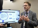 Quebec French language commissioner Benoît Dubreuil speaks at a news conference after unveiling studies on the evolution of languages in the province, Thursday, Oct. 31, 2024 in Quebec City.