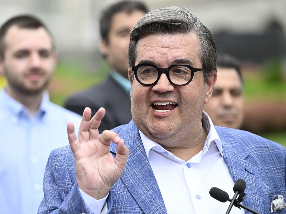  former mp and montreal mayor denis coderre speaks at a news conference friday, june 21, 2024 in quebec city. coderre announced his decision to run for the quebec liberal party’s leadership.
