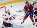 Stu Cowan: Canadiens' gamble on Joshua Roy at draft is paying off 7 Ottawa Senators goaltender Linus Ullmark (35) keeps his eyes on the puck as Montreal Canadiens' Oliver Kapanen (91) and Senators' Tyler Kleven (43) move in during third period NHL pre-season hockey action Tuesday, Oct. 1, 2024 in Montreal.