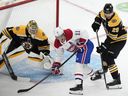 Stu Cowan: Canadiens showing good things come in small packages 4 Canadiens' Brendan Gallagher sets up in his office in the Bruins' crease in front of goalie Jeremy Swayman while Parker Wotherspoon defends during first period Thursday night in Boston.