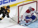 Stu Cowan: Canadiens showing good things come in small packages 5 Canadiens goalie Cayden Primeau blocks a shot by Bruins' John Beecher during second period Thursday night in Boston.