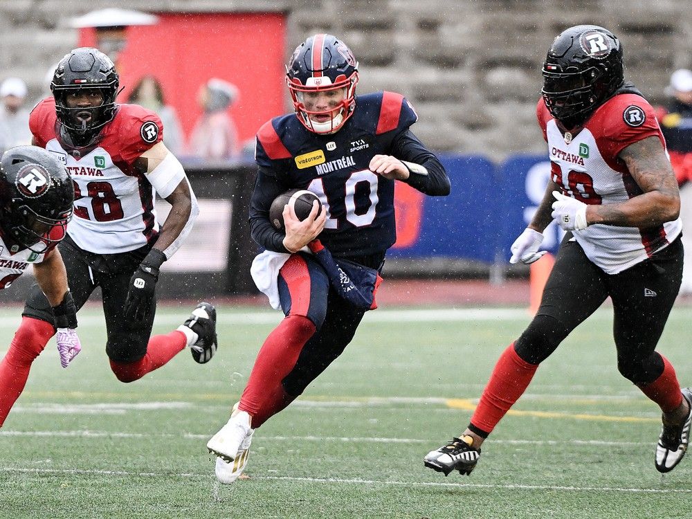 Montreal Alouettes quarterback Davis Alexander (10) runs for yardage during first half CFL football action against the Ottawa Redblacks in Montreal, Monday, Oct. 14, 2024.