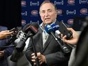 NHL commissioner Gary Bettman speaks to the media prior to an NHL hockey game between the Montreal Canadiens and Pittsburgh Penguins in Montreal, Monday, Oct. 14, 2024.