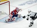 Canadiens goaltender Sam Montembeault thwarts Kings' Alex Laferriere on a breakaway during second period Thursday night at the Bell Centre.