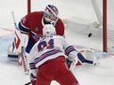 New York Rangers Reilly Smith scores on Montreal Canadiens goaltender Sam Montembeault during first period on Tuesday, Oct. 22, 2024 in Montreal.