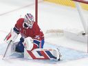 Montreal Canadiens goaltender Sam Montembeault (35) is scored on by Seattle Kraken's Ryker Evans (not shown) during first period NHL hockey action in Montreal on Tuesday, Oct. 29, 2024.