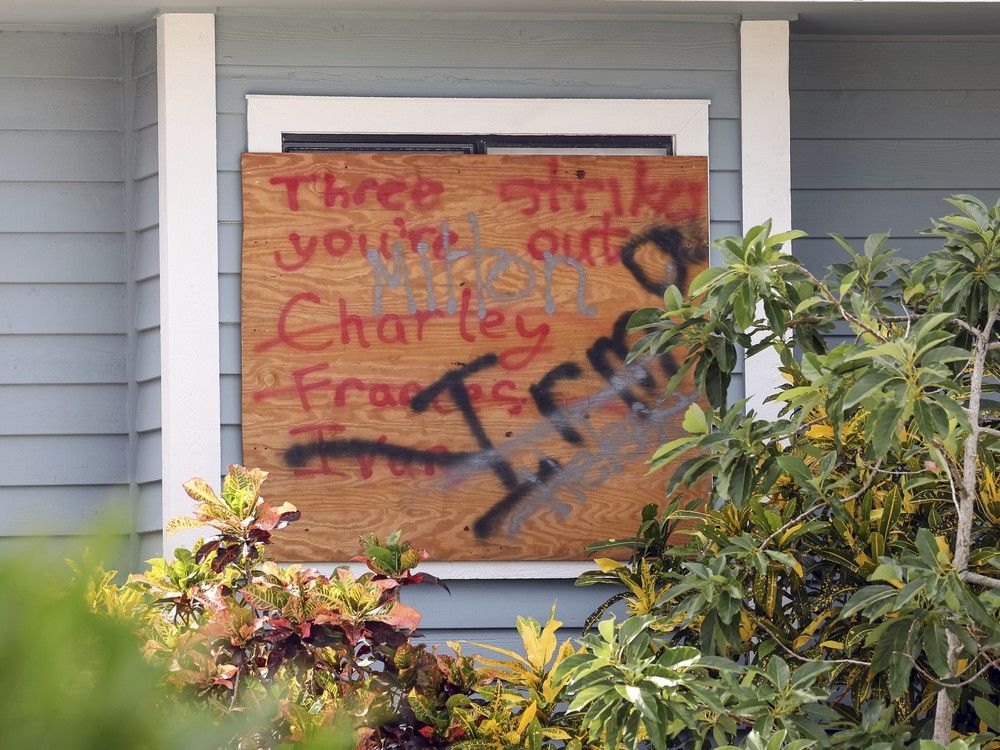  a sign on a home lists hurricane names in preparation for hurricane milton on tuesday, oct. 8, 2024, in new port richey, fla.