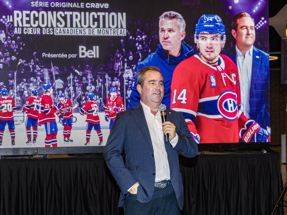 Montreal Canadiens  owner Geoff Molson makes opening remarks prior to an advance screening of the Crave series Rebuild: Inside the Montreal Canadiens at the Bell Centre in Montreal Monday Sept. 9, 2024.