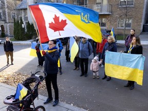 Montreal city councillor Serge Sasseville holds a Canadian flag as he stands between a baby stroller and a row of protesters with the Ukrainian flag.