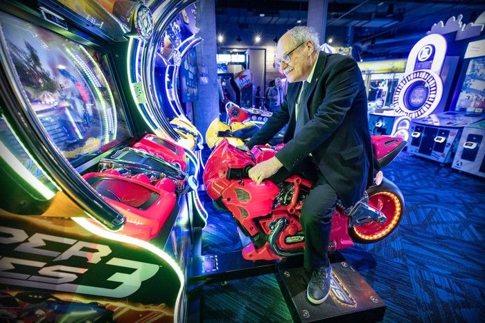  cineplex ceo ellis jacob takes an arcade ride at cineplex’s rec room at the royalmount on tuesday.