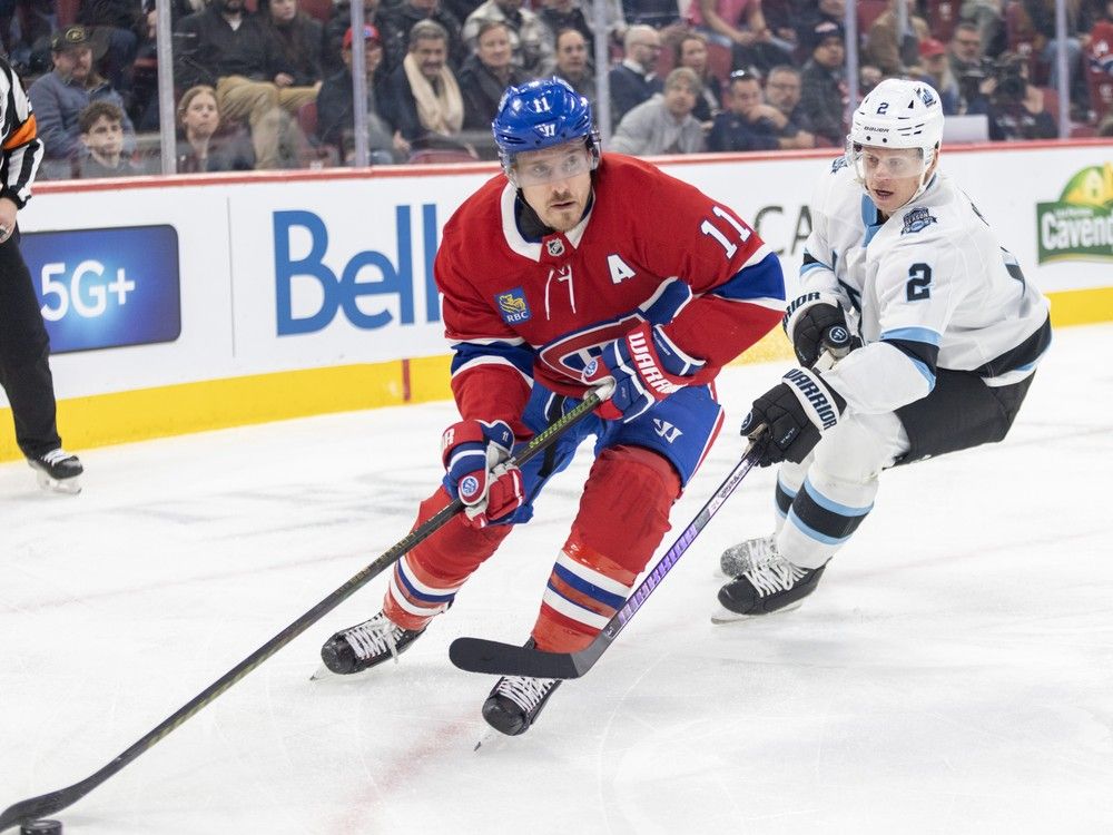 MONTREAL, QUE.: November  26, 2024 -- Montreal Canadiens Brendan Gallagher skates away from Utah Hockey Club's Olli Maata during first period of National Hockey League game in Montreal Tuesday November 26, 2024.