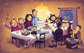 A children's book illustration shows a family around a table for Hanukkah.