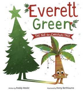 A children's book cover shows a palm tree casting the shadow of a Christmas tree.