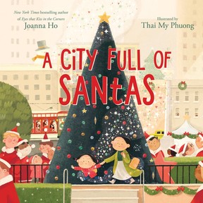 A children's book cover shows a mother and child walking in front of a Christmas tree and people dressed as Santa.