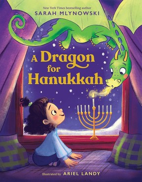 A children's book cover shows a dragon lighting a menorah.