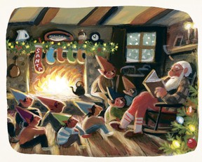 A children's book illustration shows Santa reading to elves by the fire.