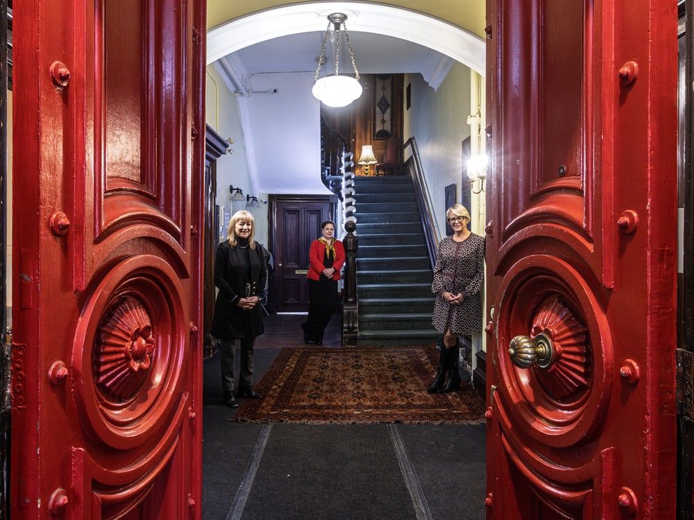 diane pilote, left, executive director of chez doris, stands just inside the main entrance of fulford residence with elise monaghan joubert, chez doris's director of philanthropy and director of communications marie-pierre grenier.