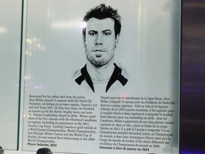 A plaque shows a black and white line drawing of Shea Weber with English and French text describing his career